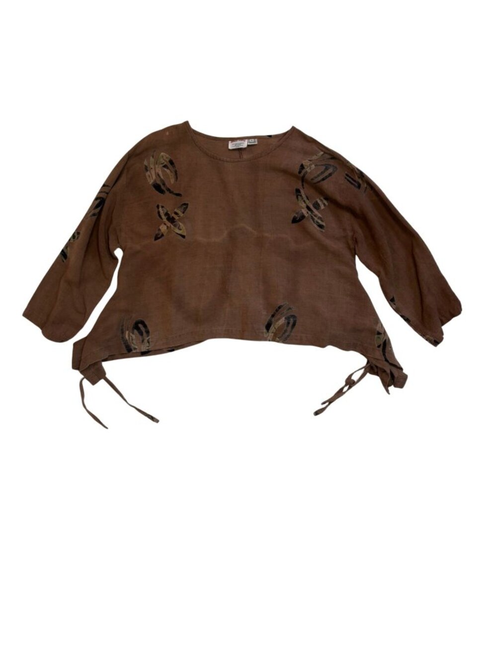 Brown Rayon Boho Top Tie Sides, Slouchy Artwear Blouse, Medium Simple People